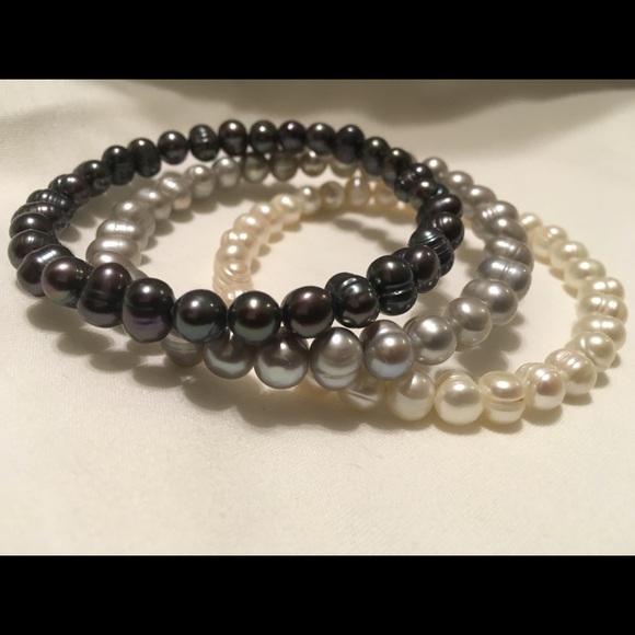 Honora Pearl Set Bracelets | 3 Fixed Potato Pearl Circles - Black, Silver, White - Picture 1 of 5